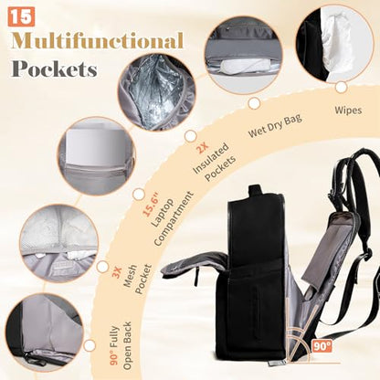 Diaper Bag Backpack with Changing Pad Baby Bag Multi-Function Waterproof Travel Bag Baby Shower Essentials,Pañaleras Para bebe with 15 Pocket,2 Insulated Pockets,Black - color: Black