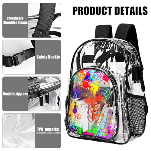Volleyball Clear Backpack Heavy Duty for Girls Kids Boys Women | Large Cool PVC Volleyball Theme Printing Transparent Backpacks for Schools Stadium Concerts Work - Clear/Black - color: Volleyball Clear Backpack 1 Black With Front Pocket