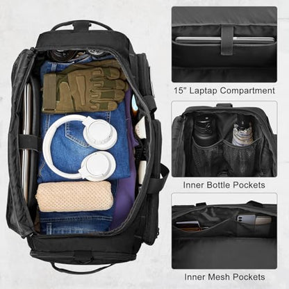 G4Free 3-in-1 Travel Duffle Bag for Men and Women, 50L Large Gym Sports Bags Tactical Military Duffle Backpack with Shoes Compartment and Wet Pocket (Black) - color: Black