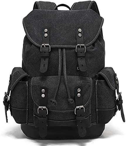 HuaChen Vintage Leather Backpack: Spacious Durable Canvas Rucksack for Men & Women, Perfect for Travel and College Life - M86 Black - color: Black