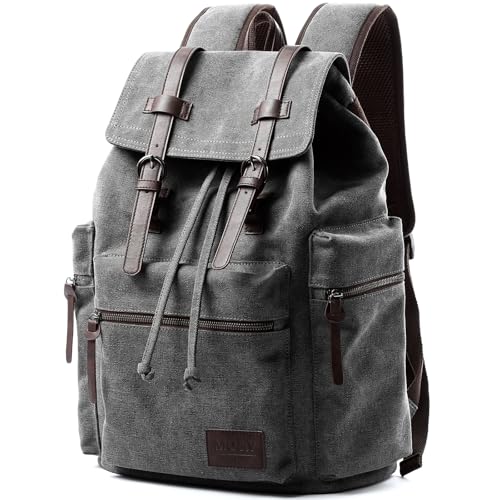 MOYYI Vintage Canvas Backpack for Men, Grey Retro Backpack Fit 15.6 inch Laptop, Flap Grunge Backpacks for College, Durable Casual Daypack Rucksack for Camping Hiking Traveling - color: 28l Capacity-grey