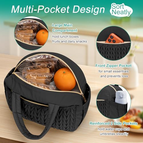 Coobiiya Quilted Puffer Insulated Lunch Bag Women Men, Cute Cotton-Like Taslan Lunch Box for Women Men, Thermal Waterproof Cooler Bag Large Capacity for Work Picnic Travel（Black） - color: Black Woven Cotton
