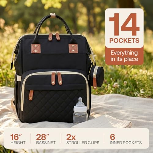 SNUGGY BABY Diaper Bag with Changing Station, Diaper Backpack with Changing Pad, Portable Diaper Organizer, Insulated Bottle Holders, Large Capacity, Water-Resistant Travel Bag (Black) - color: Black