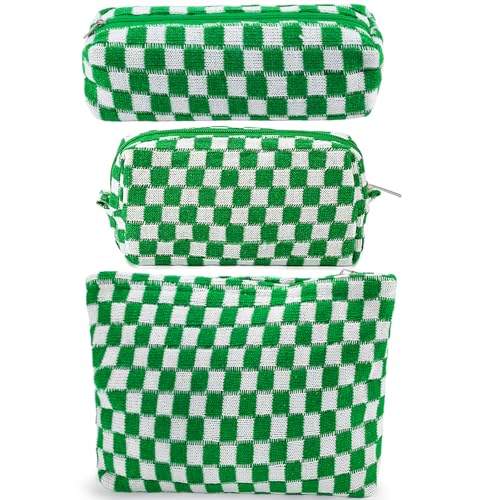 ZLFSRQ 3Pcs Checkered Makeup Bag for Women Large Small Checkered Cosmetic Bag Set Aesthetic Preppy Pencil Case Cute Pencil Pouch Green Makeup Pouch for Purse Travel Toiletry Bags Zipper Skincare Bags - color: B-Checkered 3Pcs Mix Green