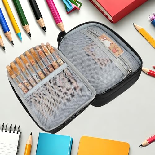 Large Capacity Kids Backpack Pencil Case Pen Bag with Clear Pocket, Cute Kawaii Pen Pouch Organizer with Adjustable Strap & Plush Doll Keychain for School Girls Boys (Black) - color: Black