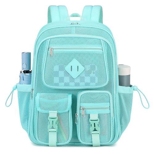 MOONBABY Mesh Backpack for School Heavy Duty See Through Net Bookbag Girls Boys Semi-Transparent Net Back Pack for Beach, Swimming, Sports, Work, Travel (Green) - color: Green