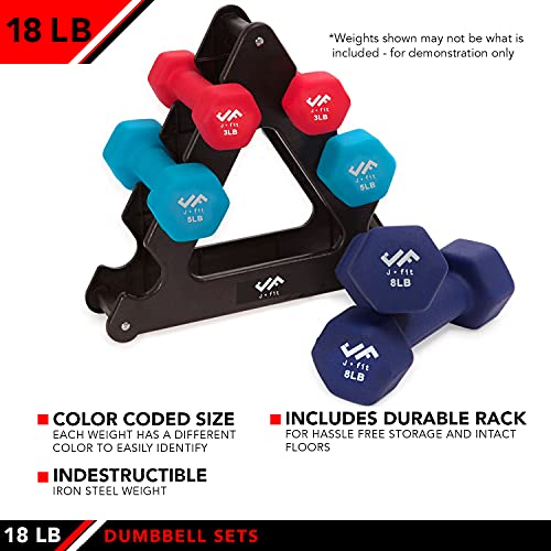 JFIT Dumbbell Pairs or Sets – Neoprene & Vinyl Coated Hand Weights for Home Gym, Strength Training, Aerobics, Cardio Exercise and Fitness - size: 18 lbs (Set), style: Dumbbell Set with Rack