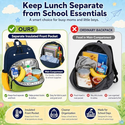 BTOOP Kids Backpack for Boys 3-6, Preschool Kindergarten Backpack with Insulated Lunch Compartment & Chest Strap, Cute Lightweight School Travel Bag Fits A4 Folder - color: Navy-blue, size: Age 3-6 (14.5" H Fit Folder)