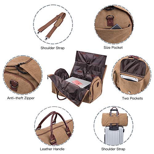 seyfocnia Convertible Travel Garment Bag,Carry on Garment Duffel Bag for Men Women - 2 in 1 Hanging Suitcase Suit Business Travel Bag - color: Brown-two pockets-Canvas