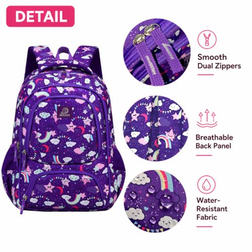 MYGOO Girls School Backpack Doubleday Dream Purple Bookbag for Elementary Middle School Ages 5-12, 17 inch Large Capacity 24L Kids Student Travel Bags - color: Doubleday Dream Purple