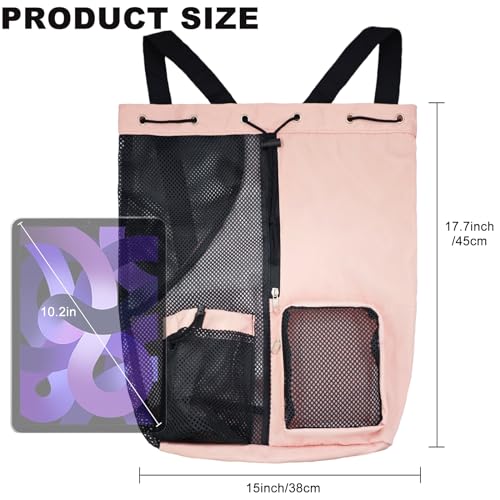 Mesh Beach Backpack with Wet Pocket Drawstring Pool Bag Waterproof Swimming Bag Gym Backpack for Men & Women - color: Pink