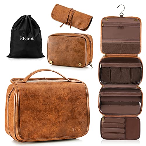 Elviros Hanging Toiletry Bag for Men Travel Essentials 3-in-1 Large Waterproof Dopp Kit PU Leather Shaving Bag with Separate Compartments for Grooming and Toiletries Mens Gift - color: Brown
