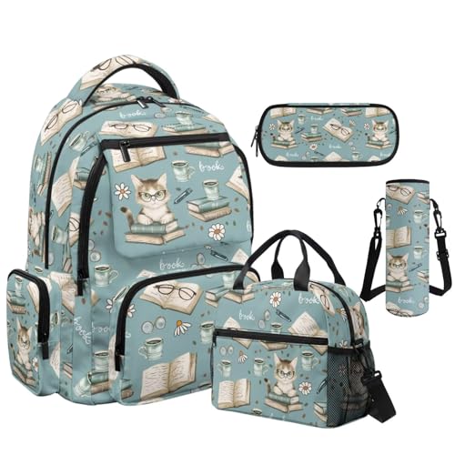 Book Cat Backpack for Girls 10-12 Kids School Backpack with Lunch Box Water Bottle Holder Pencil Case 4 Pieces Set Elementary School Backpacks for Girls Bookbag with Adjustable Straps - color: Book Cat