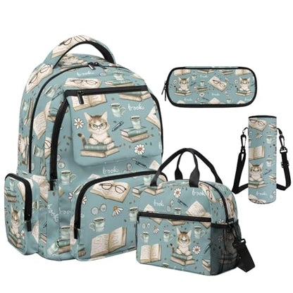 Book Cat Backpack for Girls 10-12 Kids School Backpack with Lunch Box Water Bottle Holder Pencil Case 4 Pieces Set Elementary School Backpacks for Girls Bookbag with Adjustable Straps - color: Book Cat