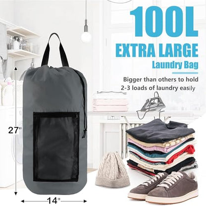 Laundry Bag Backpack with Shoulder Straps and Mesh Pocket Laundry Backpack Large Portable Laundry Hamper for College Laundromat Apartment with Drawstring Closure, Adjustable Back Straps (Grey) - color: Smoky