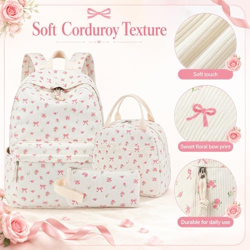 Bluboon School Backpack Set Girls Womens Laptop Bookbag Casual Daypack Fits 15 inch Laptop with Lunch Tote Bag and Pencil Bag - color: Pink Bow Flower 212-beige