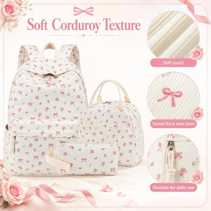 Bluboon School Backpack Set Girls Womens Laptop Bookbag Casual Daypack Fits 15 inch Laptop with Lunch Tote Bag and Pencil Bag - color: Pink Bow Flower 212-beige
