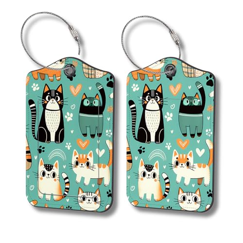 Luggage Tags for Suitcases, 2-Pack PU Leather for Cruise & Travel, Baggage ID Tags with Privacy Cover & Address Card, Durable Metal Ring, Kids Adults Travel Accessories, Cute Cat Print - color: Cute Cat Print