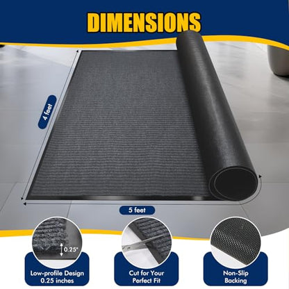 Extra Large Indoor/Outdoor Entrance Mat - 4 x 5 Feet, Rubber Border Door Mat Heavy Duty, Waterproof, Low-Profile, Easy to Clean, Rubber Entry Mat, Commercial Floor Mat, Charcoal Grey - size: 4 x 5 Feet