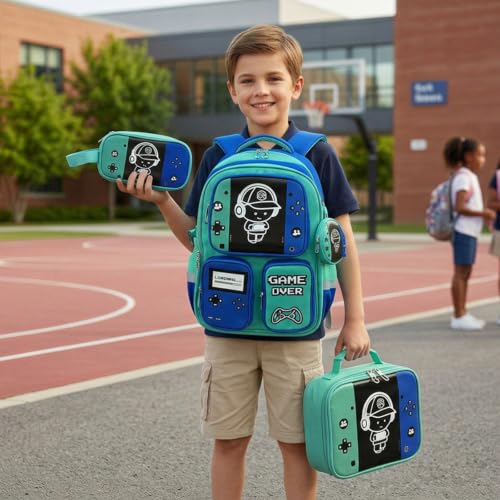 Boys Backpack, Luminous Gamer Backpack for Boys with Lunch Box,Pencil Case and Coin Puese,Kids Schoolbag Bookbag for Teen Boy Elementary Middle High School Travel(Green-Blue) - color: Green-blue