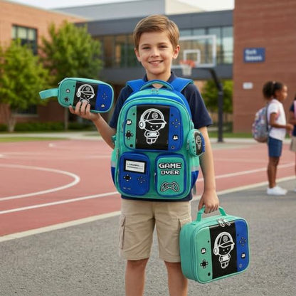 Boys Backpack, Luminous Gamer Backpack for Boys with Lunch Box,Pencil Case and Coin Puese,Kids Schoolbag Bookbag for Teen Boy Elementary Middle High School Travel(Green-Blue) - color: Green-blue