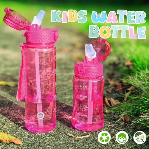 OLDLEY 12oz Kids Water Bottle, Tritan BPA-Free, Leakproof Flip Straw Lid, Motivational Time Marker, Carry Strap, Reusable Clear Water Bottle for Boys & Girls,Eggplant - color: Eggplant, style: 12 Ounces