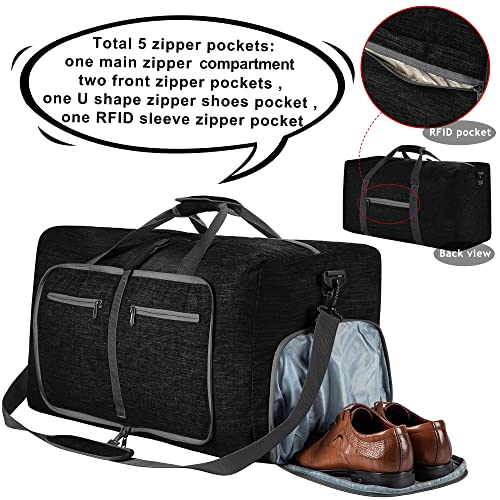 Vomgomfom 65L/85L/115L Foldable Travel Duffle Bag, Lightweight Checked Luggage with Shoe Compartment, Water-Resistant Weekender Overnight Bag for Men & Women - color: Black, size: 85L