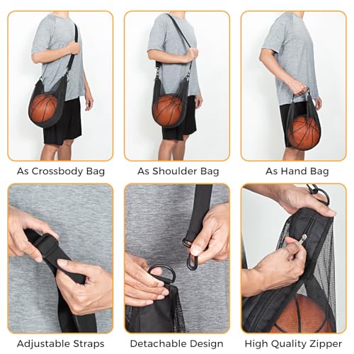 Single Ball Bag with Zipper Pocket Mesh Shoulder Bag with Buckle Clip Sport Equipment Storage Net for Carrying Multiple Sports - Basketball, Soccer, Volleyball, Rugby & More