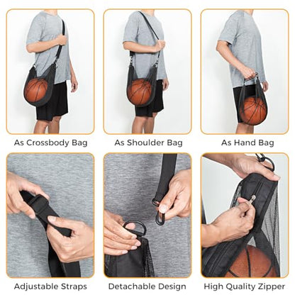 Single Ball Bag with Zipper Pocket Mesh Shoulder Bag with Buckle Clip Sport Equipment Storage Net for Carrying Multiple Sports - Basketball, Soccer, Volleyball, Rugby & More
