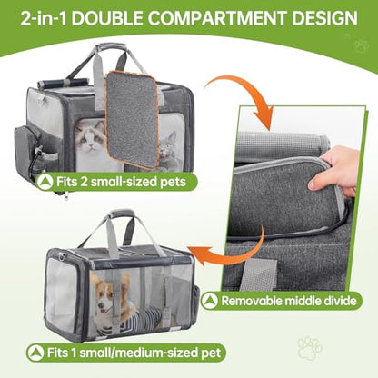 Cat Carrier for 2 Cats - Double Pet Carrier Extra Large, Dual Cabin Multi Cat Travel Carrier with Removable Divider, Collapsible, Can Hold 20 30 40 lbs for Two Small Kitten, a Medium Dog Gray - color: Gray