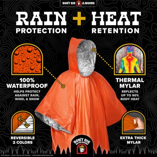 Don't Die In The Woods - Rain + Heat Emergency Poncho - Wearable Mylar Space Blanket For Hiking, Camping, First Aid, Survival - color: 1pk Refill - Oh Sh*t Orange