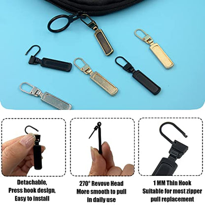 SINCCO 6 Pcs Zipper Pull Replacement, Universal Zipper Pull Tab Fixer Metal Zipper Head Handle Mend Repair Kit for Jacket Purse Backpack Luggage Boot, Black - color: Black