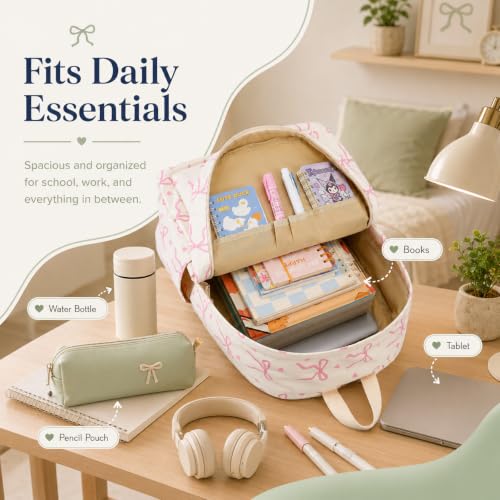 Bluboon School Backpack for Teen Girls Women Laptop Backpack College Bookbags Middle School Travel Work Commuter Back Pack - color: Beige Base Pink Bow & Heart