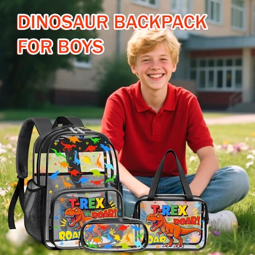 SHPMXUPW 3PCS Clear Black Backpack for School - Dinosaur Kids Clear Backpacks for Boys and Girls, Heavy Duty Transparent Bookbag with Lunch Bag and Pencil Case - See Through PVC Transparent Bookbag - color: Black-Dinosaur