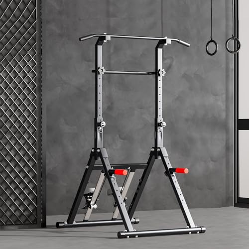 Power Tower Pull Up Station, soges Foldable Pull Up Bar Dip Station with Stair Stepper, Adjustable Free Standing Strength Training Equipment for Home Gym, Multi-Function Workout Tower
