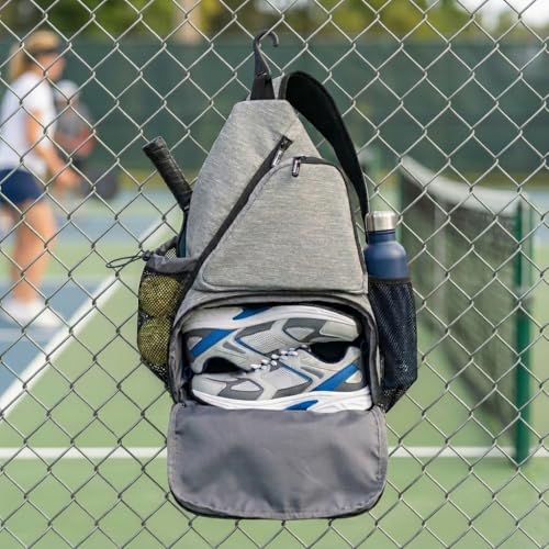 Pickleball Sling Bag with Shoe Compartment - Crossbody Backpack Fits 2 Paddles, 32oz Bottle & Fence Hook, Sports Bag for Men & Women (Shoe Limit: up to US Men's 10 / Women's 11.5) - color: Heather Gray
