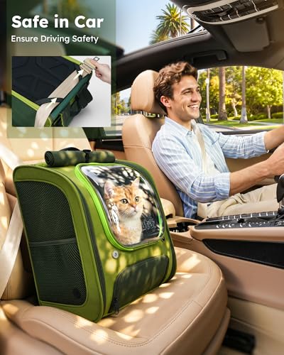 Pecute Cat Backpack Carrier,Large Space Cat Bubble Backpack,Ergonomic,Green | Color Blocking,Sunshade curtain,Folding bowl,Transparent window,Sturdy,Large mesh on both sides for breathability - color: Green-on-Green Color Blocking