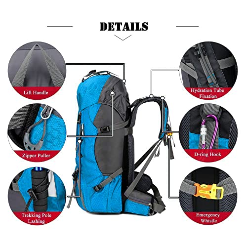 Bseash 60L Waterproof Hiking Camping Backpack with Rain Cover, Large Outdoor Sport Travel Daypack Rucksack for Climbing - color: Light Blue
