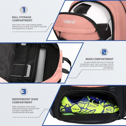 LARIPOP Soccer Backpack with Ball Holder & Shoe Compartment Large Capacity Sports Bag for Training - color: Flesh Pink