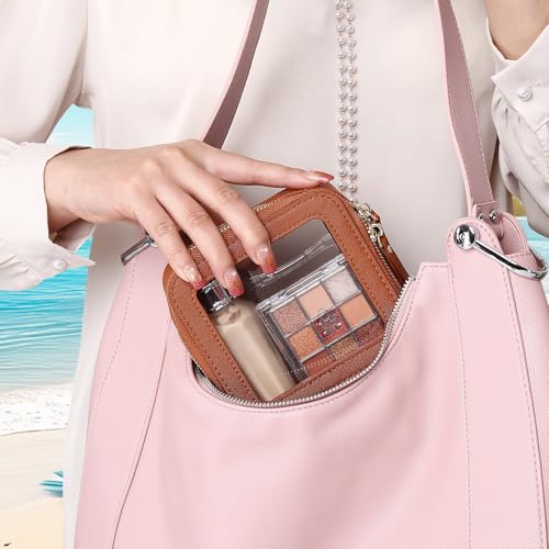 Clear Makeup Bag Set Travel Cosmetic Bag and Toiletry Bag Women's Purse Pouch Cosmetic Stroage Organizer Case with Zipper Car Essentials (Brown, M+Mini) - color: Brown, size: M+Mini