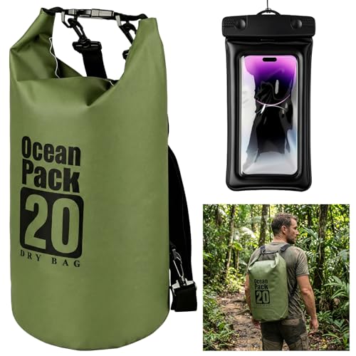 Waterproof Backpack 20L, Army Green Roll Top Water Proof Dry Bag, Heavy Duty Floating Dry Bag for Kayaking Ship Camping, Hiking Backpack with IPX8 Waterproof Phone Pouch-Black, 7" - color: Army green dry bag 20L + Phone pouch 7"