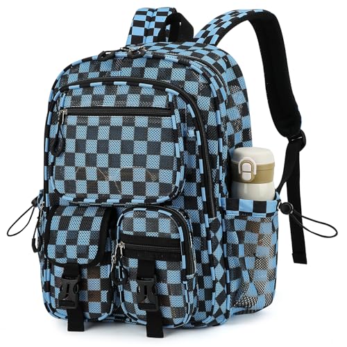 Mesh Backpack for School, Heavy Duty Mesh Bookbags for Women Girls Boys Kids with Inner Laptop Compartment for College, Travel, Beach, Swimming, Sports - Checkered Black Blue - color: Checkered Black Blue