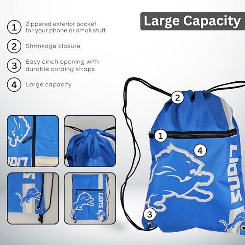 FOCO Detroit Lions NFL Drawstring Backpack with Zippered Pocket — Officially Licensed, Cordura Nylon - color: Detroit Lions