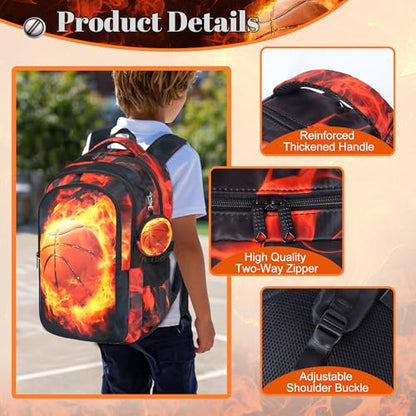 Boys Basketball Backpack with Lunch Box, Kids Backpack Set for School, 17inch Bookbag with Pencil Case Coin Purse Red - color: Basketball