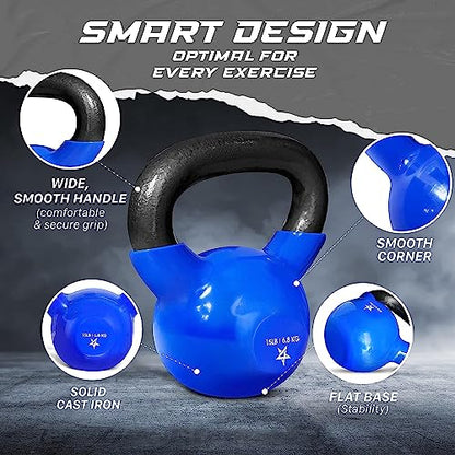 Yes4All Kettlebell, 5-100 LB Vinyl Coated Cast Iron Strength Training Kettlebells for Home Gym Exercises, Fitness, Full Body Workout Equipment, Push Ups, and Grip Strength - color: C. 15LB - Dark Blue, style: Vinyl Coated