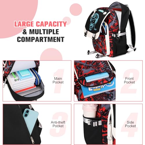 Bevalsa Backpack for Boys, Cool Luminous Boys Backpack with Sling Bag, Lunch Box & Pen Case, School Bags for Kids Children Teens Elementary Middle Schools, Bookbag Glow In The Dark (Red) - color: Red