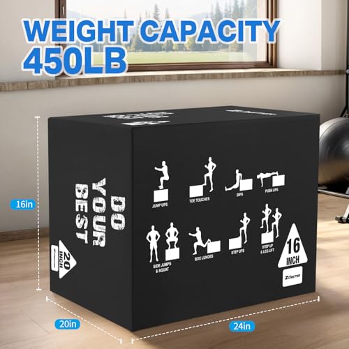 Zoomster 3-in-1 Foam Plyometric Jump Box for Home Gym Jump Training, HIIT, MMA, Weighted Stepup, Push Press and Strength Training - style: 16 X 20 X 24inch / 10lbs
