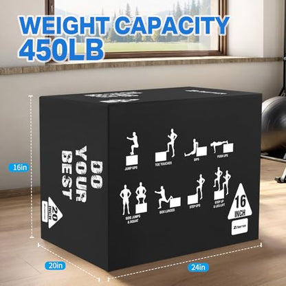 Zoomster 3-in-1 Foam Plyometric Jump Box for Home Gym Jump Training, HIIT, MMA, Weighted Stepup, Push Press and Strength Training - style: 16 X 20 X 24inch / 10lbs