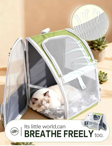 Cat Backpack Carrier with Washable Bed Mat Breathable Cat Carrier Large Space Medium Small Dog Puppy Kitty Ventilated Mesh Pet Backpack for Cats Travel Walking Outdoor Use(Green 13.8" Lx11.4 Wx16 H)