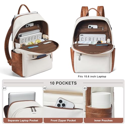 Vegan Leather Backpack for Women and Men, Fits 16.0 Inch Laptop, Multi-Pocket Design with Water Bottle and Luggage Strap, Ideal for Work, Travel, and Daily Use, Beige - color: 3-1 Beige